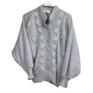 Beldini Vintage Gray Angora Beaded Sweater Cardigan Medium